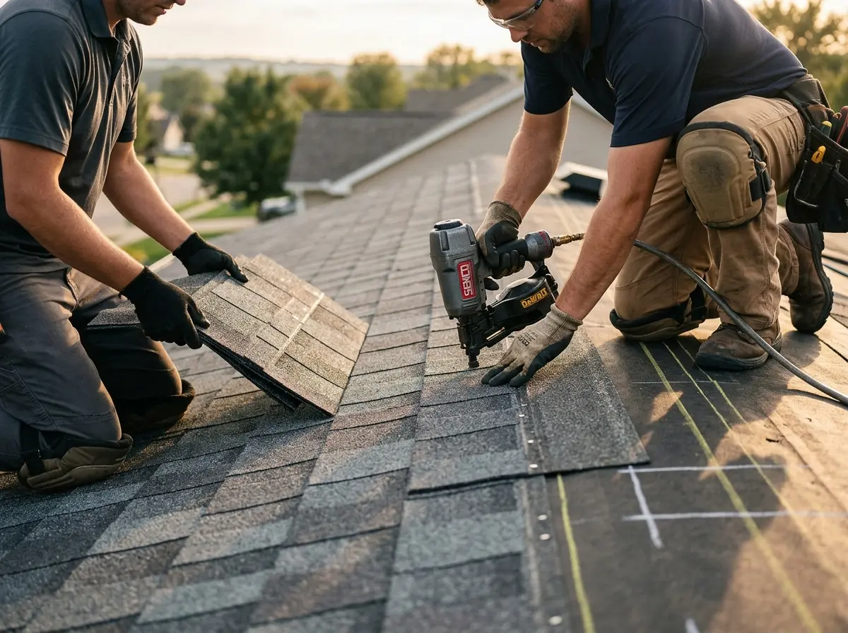 Professional roofer working on a residential roof in Oskaloosa